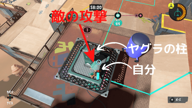 スプラトゥーン3、ガチラグラでヤグラに乗った時に柱で敵の攻撃を避ける方法